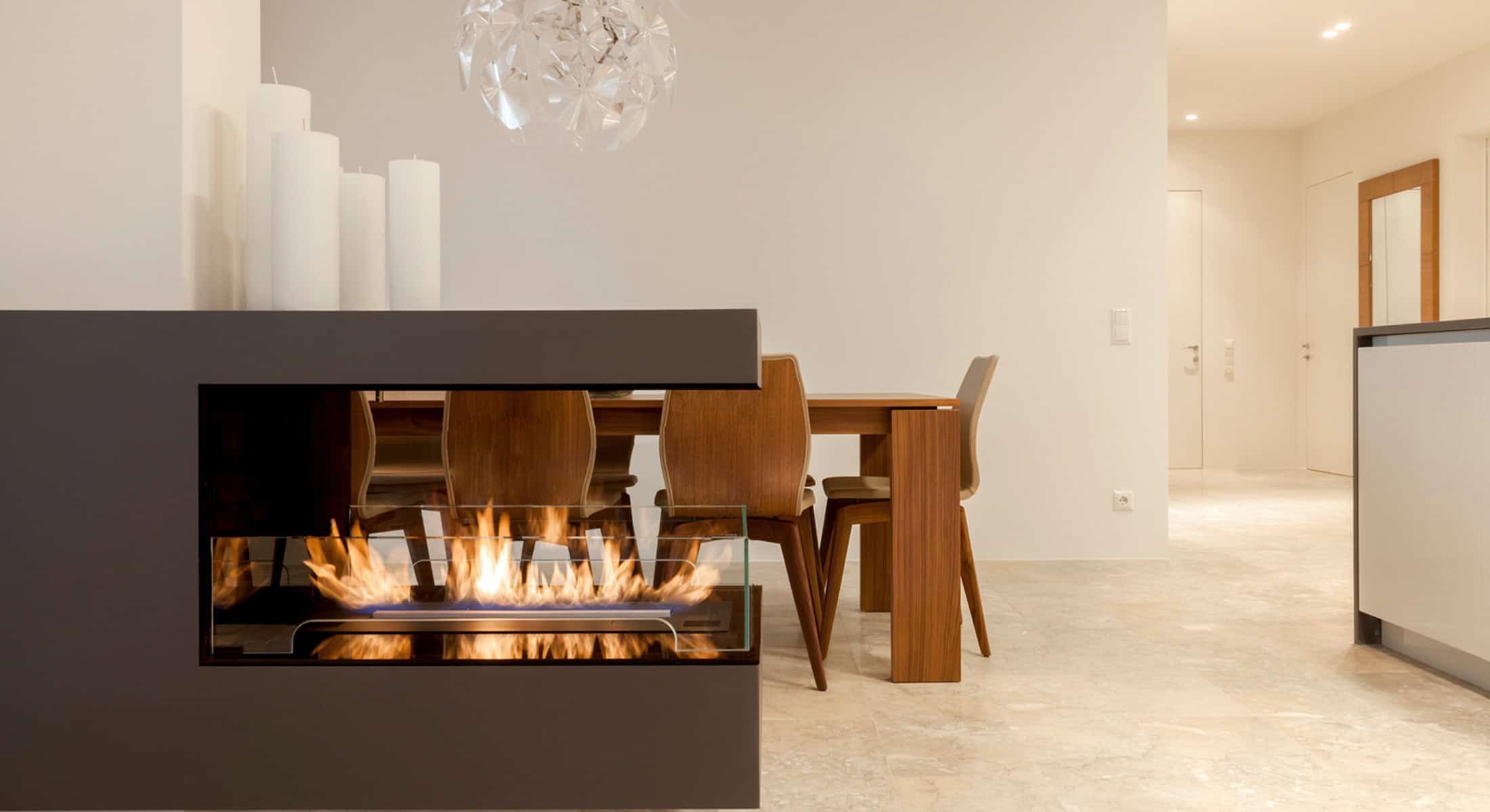Bioethanol room-divider fireplace in a light interior