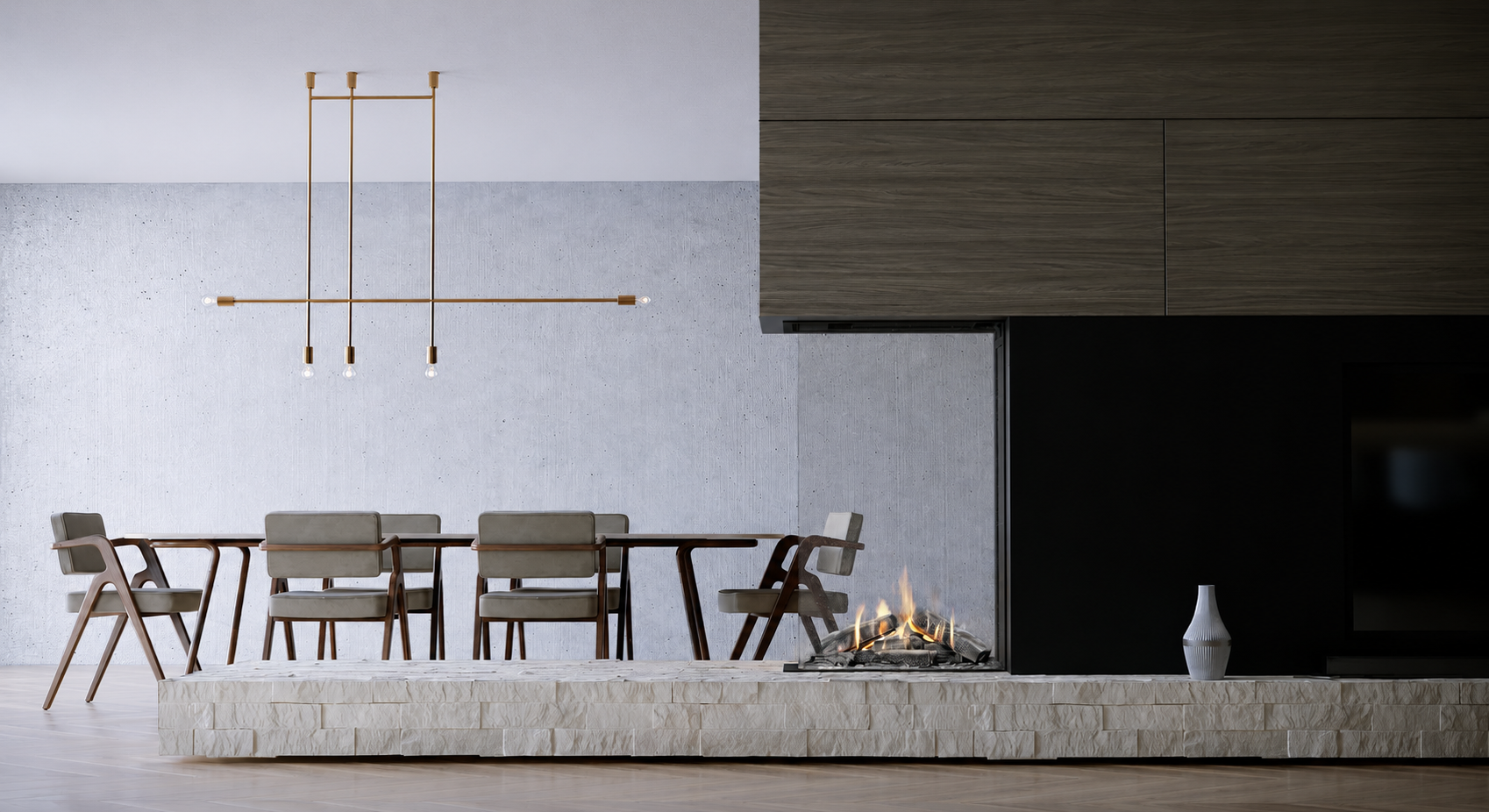 Contemporary gas fireplace beside a dining area