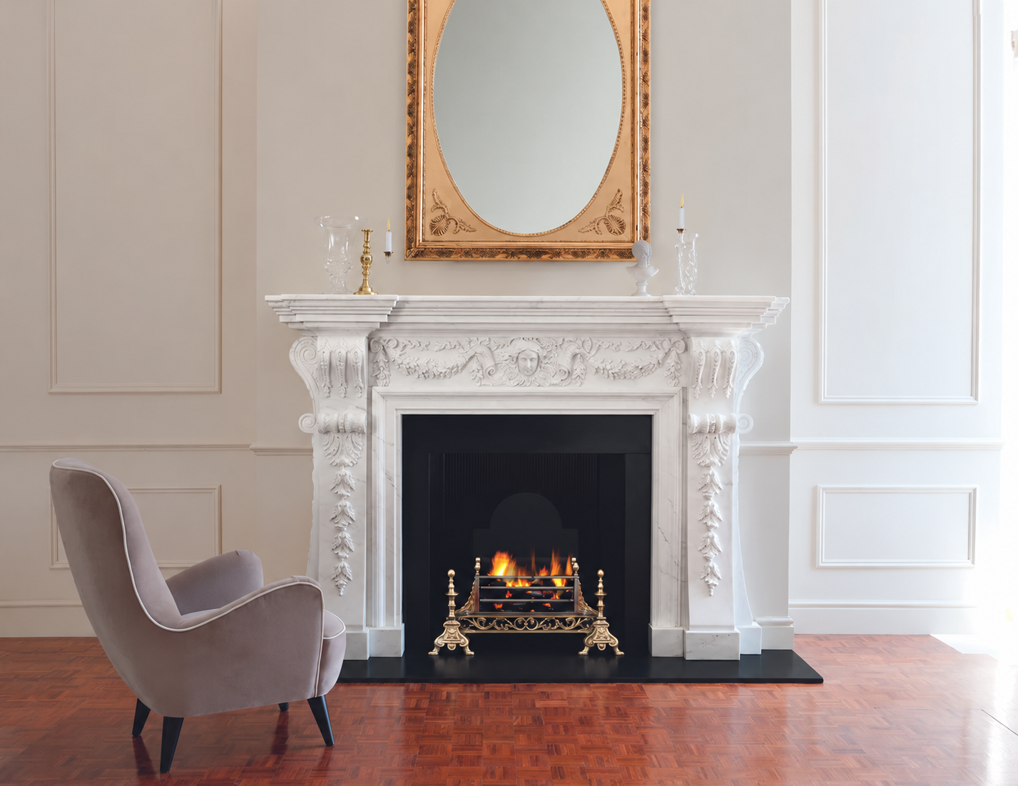 Ornate white marble fireplace surround beneath a mirror