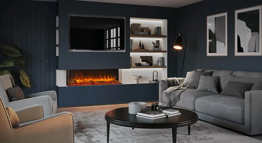 Gazco eReflex 135RW with Oak Log-effect, shown as three-sided installation