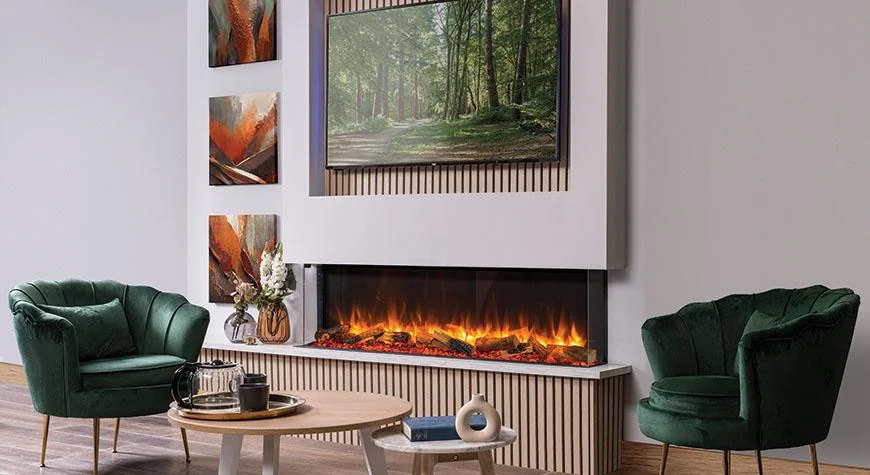 Gazco eReflex 150RW with Oak Log effect, shown as a three-sided installation. Shown with optional Mood Lighting System.