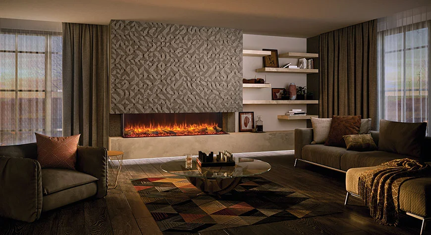 eReflex 195RW with Oak Log-effect, shown as three-sided installation. Also shown: optional Mood Lighting system.