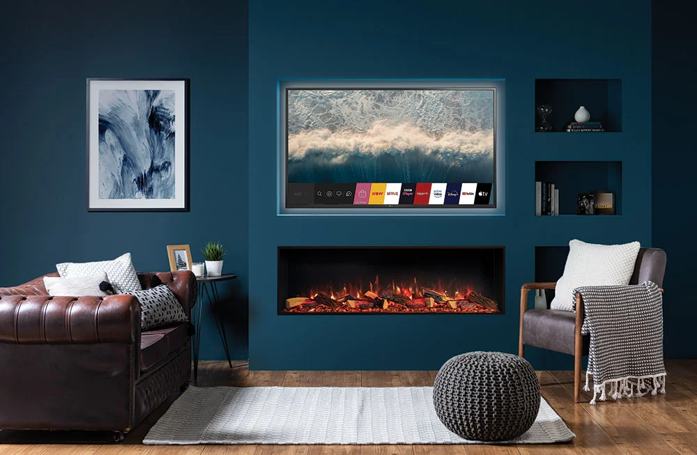 Onyx Avanti 150RW electric fires dark blue wall media wall installations, with wood flooring.