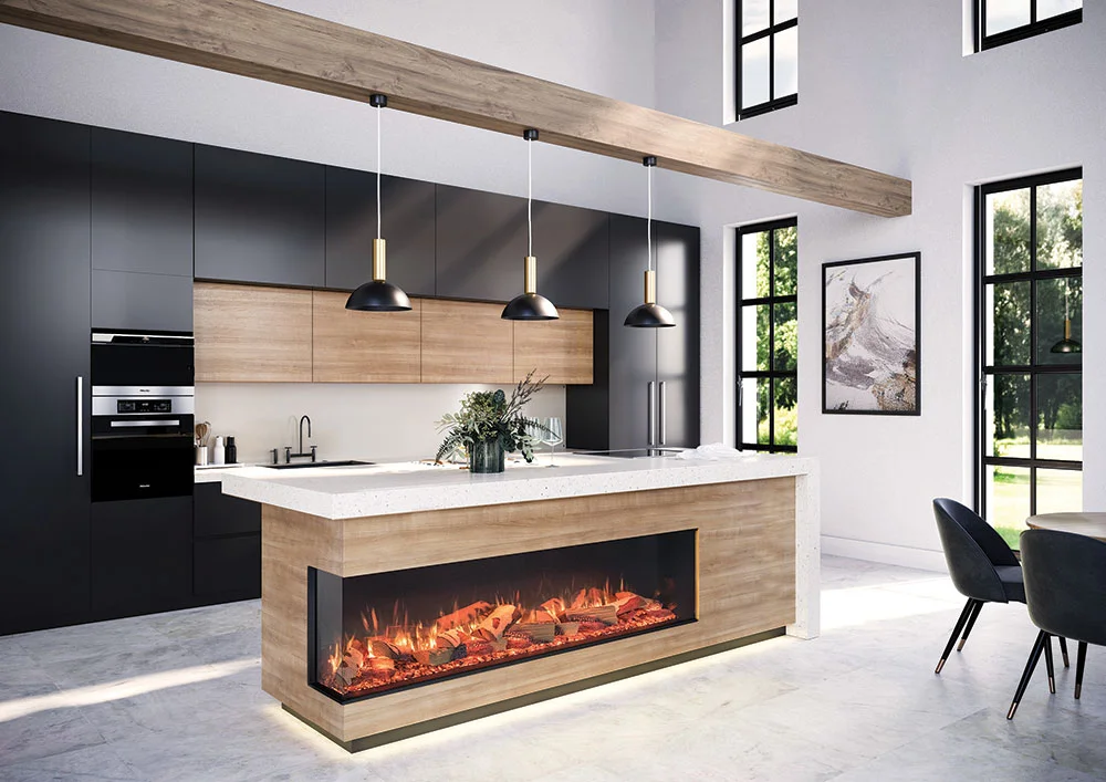 Onyx Avanti 190RW electric fire two sided kitch island installation.